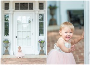 birthday girl in pink dress next to white door at rose hill manor