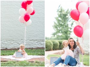 baby girl in pink dress with her mom and balloons