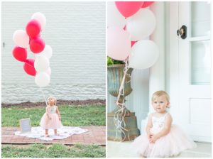 baby girl in pink dress with balloons