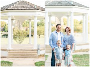 family of 4 in front of a white gazebo smiling 