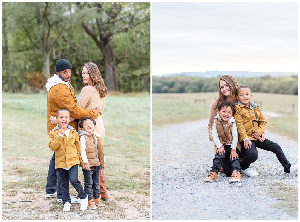 a family of 4 makes silly faces at a fall family session