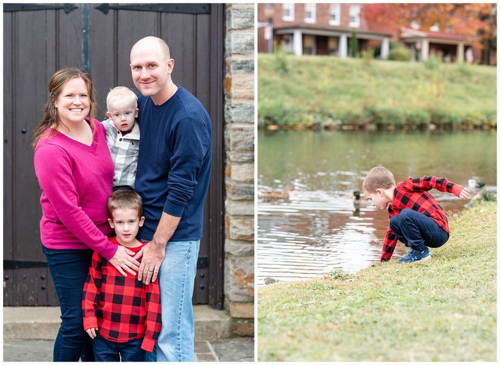 a family of 4 feeds ducks for fall family pictures