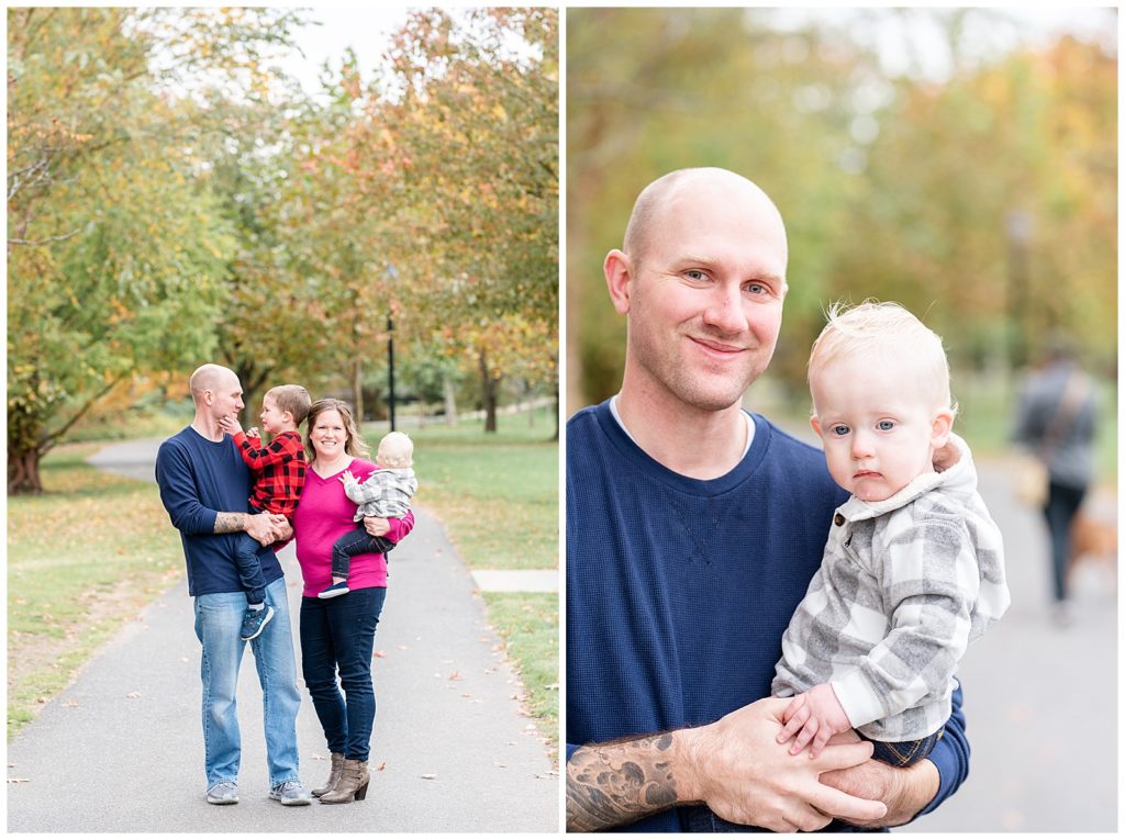 a family smiles at baker park for fall family pictures