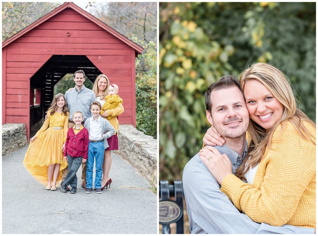 a family of 6 smiles in front of a covered bridge at baker park