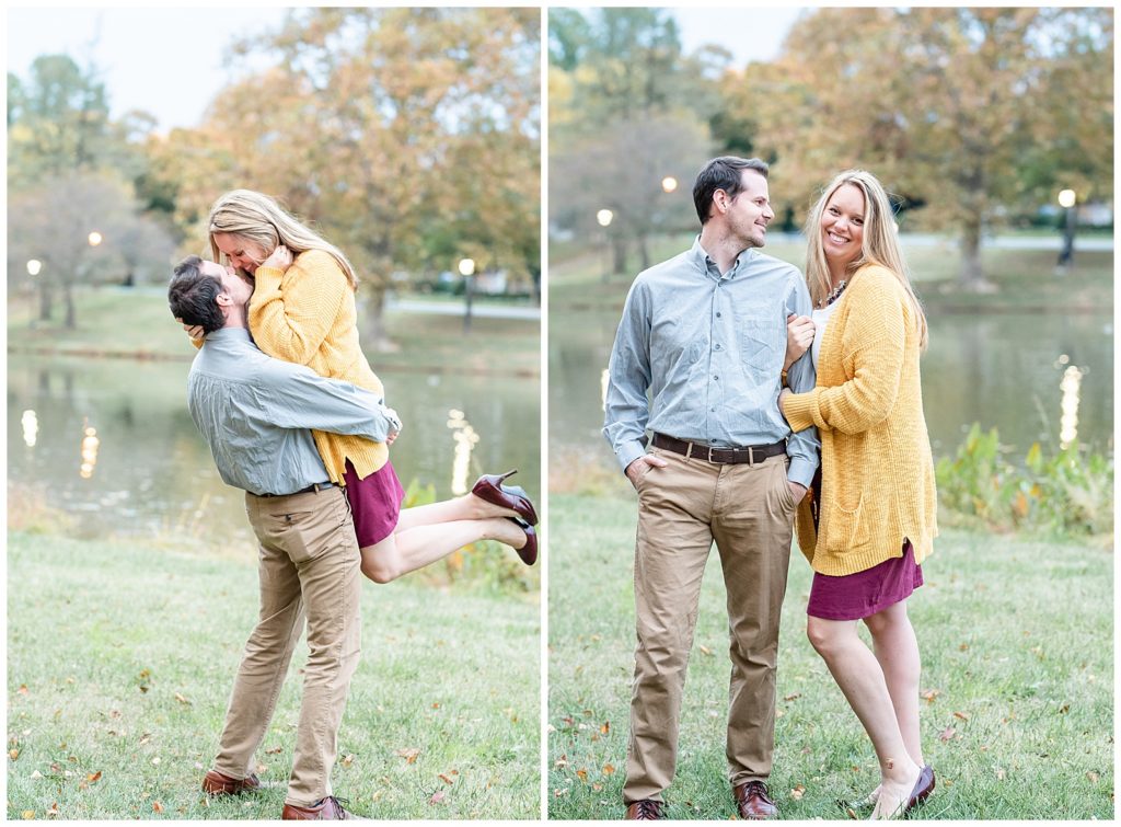 a couple looks at each other at baker park for fall family pictures