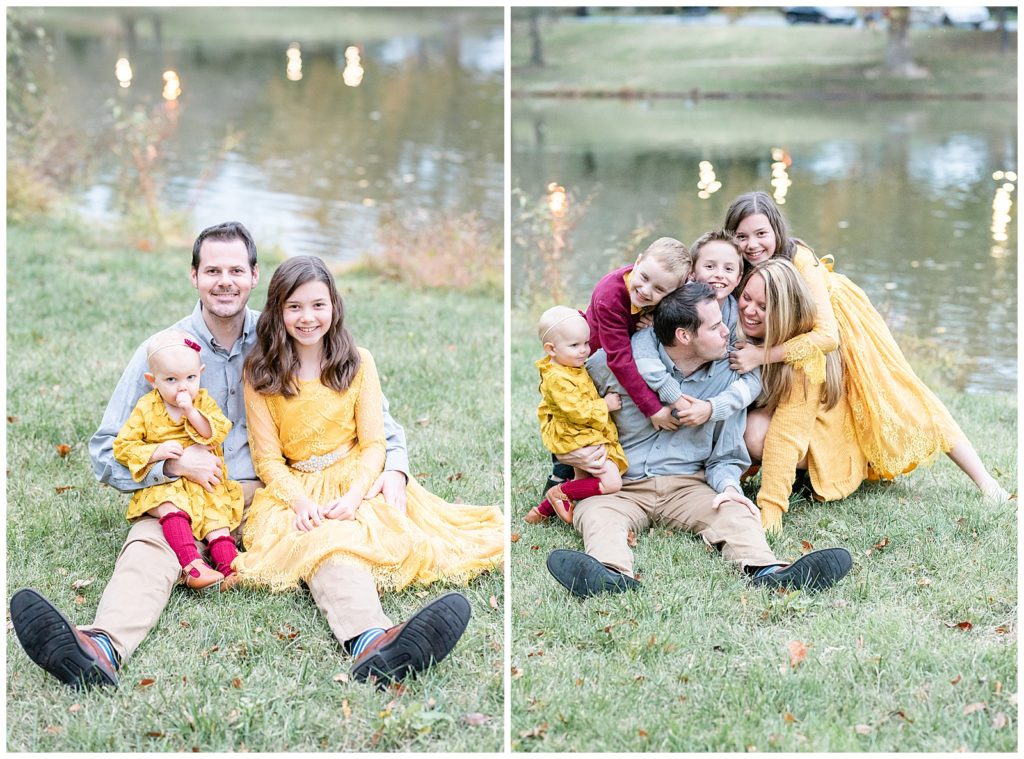 a family tickles each other at baker park for fall family pictures